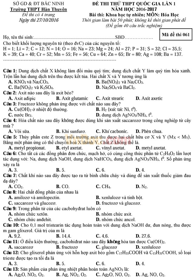 Đề thi thử THPT Quốc gia năm 2017 bài thi Khoa học tự nhiên - môn Hóa học có đáp án
