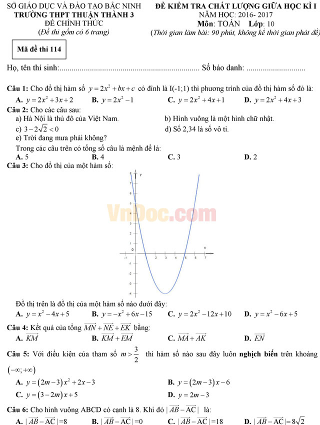 Đề thi giữa học kì 1 môn Toán lớp 10 có đáp án