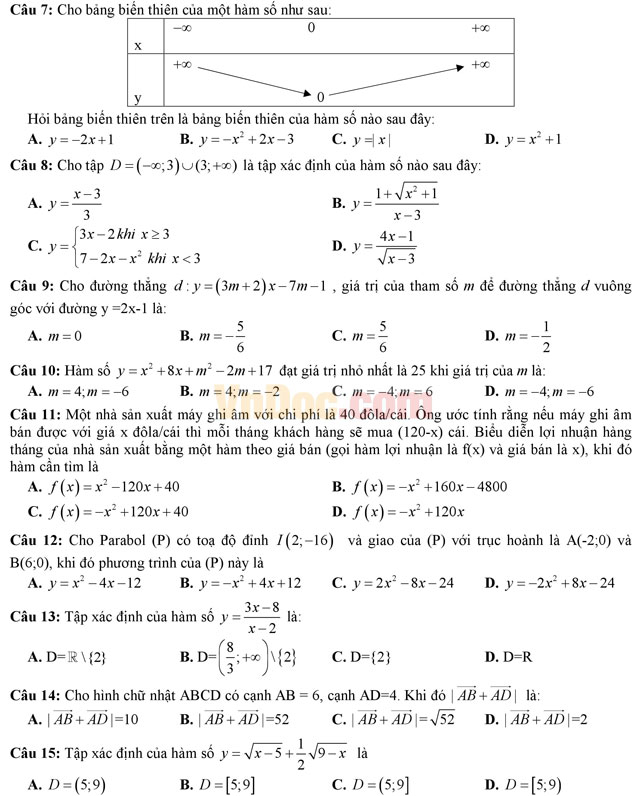 Đề thi giữa học kì 1 môn Toán lớp 10 có đáp án