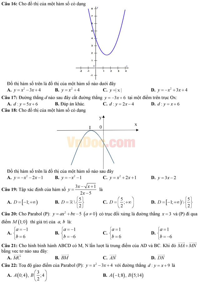 Đề thi giữa học kì 1 môn Toán lớp 10 có đáp án