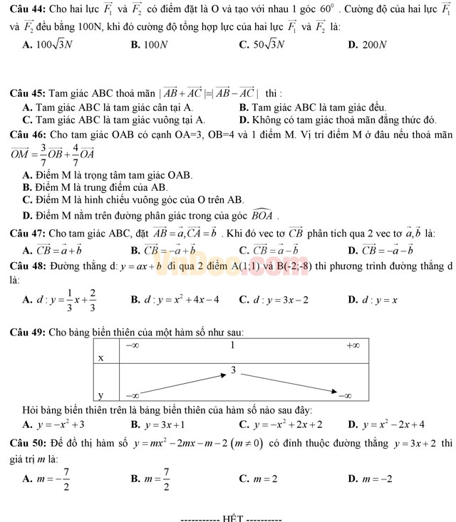 Đề thi giữa học kì 1 môn Toán lớp 10 có đáp án