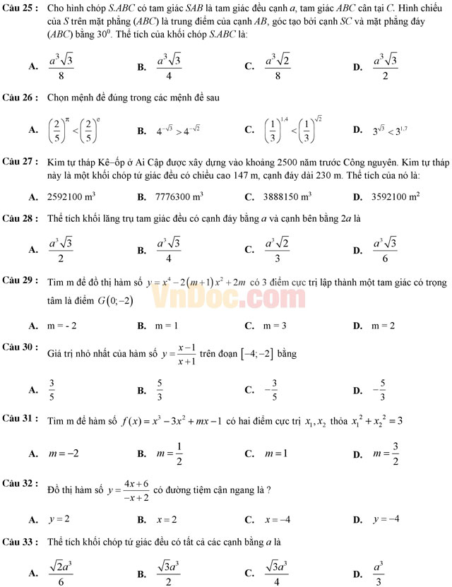 Đề thi giữa học kì 1 môn Toán lớp 12 có đáp án