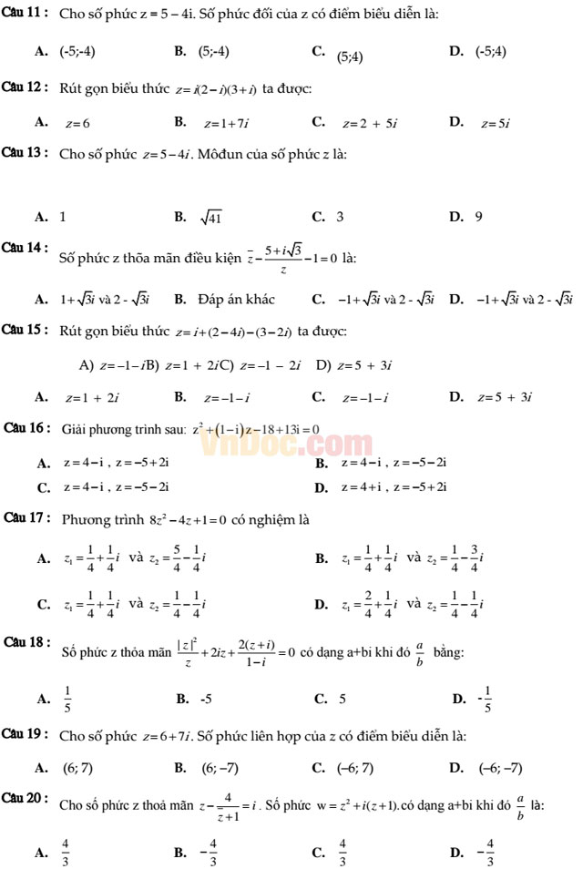 50 câu trắc nghiệm số phức (Có đáp án)