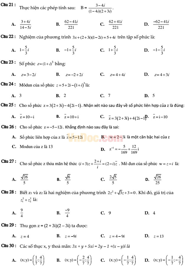 50 câu trắc nghiệm số phức (Có đáp án)