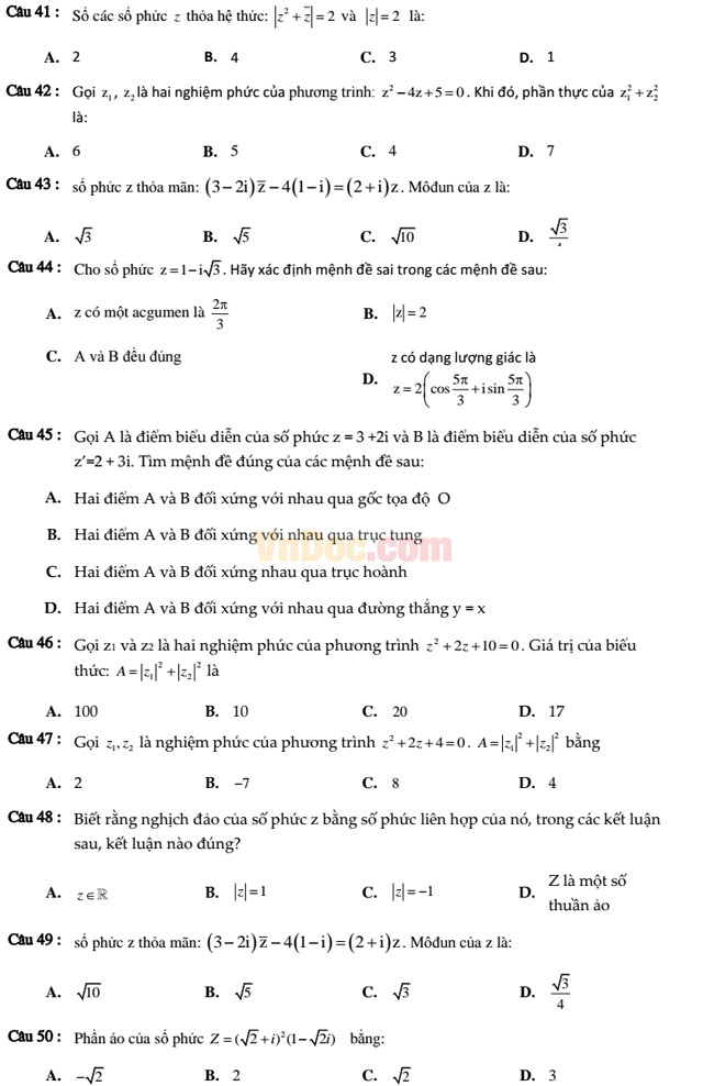 50 câu trắc nghiệm số phức (Có đáp án)