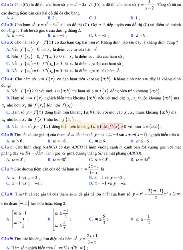 Đề kiểm tra giải tích và hình học chương 1 môn Toán lớp 12 có đáp án