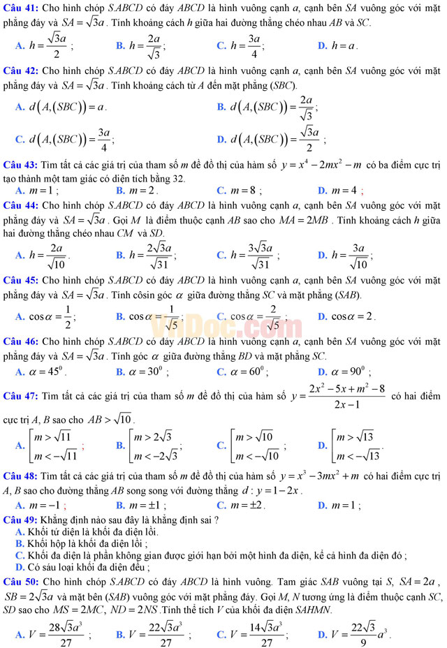 Đề kiểm tra giải tích và hình học chương 1 môn Toán lớp 12 có đáp án