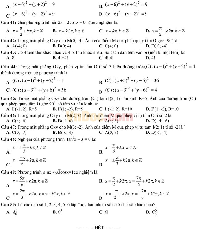 Đề thi giữa học kì 1 môn Toán lớp 11 trường THPT Thuận Thành 3, Bắc Ninh năm học 2016 - 2017 Đề thi giữa học kì 1 môn Toán lớp 11