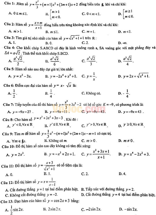Đề thi giữa học kì 1 môn Toán lớp 12 trường THPT Chu Văn An năm học 2016 - 2017
