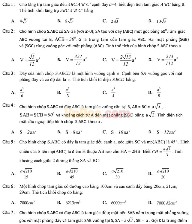 Tuyển tập 350 bài tập trắc nghiệm về chuyên đề thể tích Tuyển tập 350 bài tập trắc nghiệm về chuyên đề thể tích