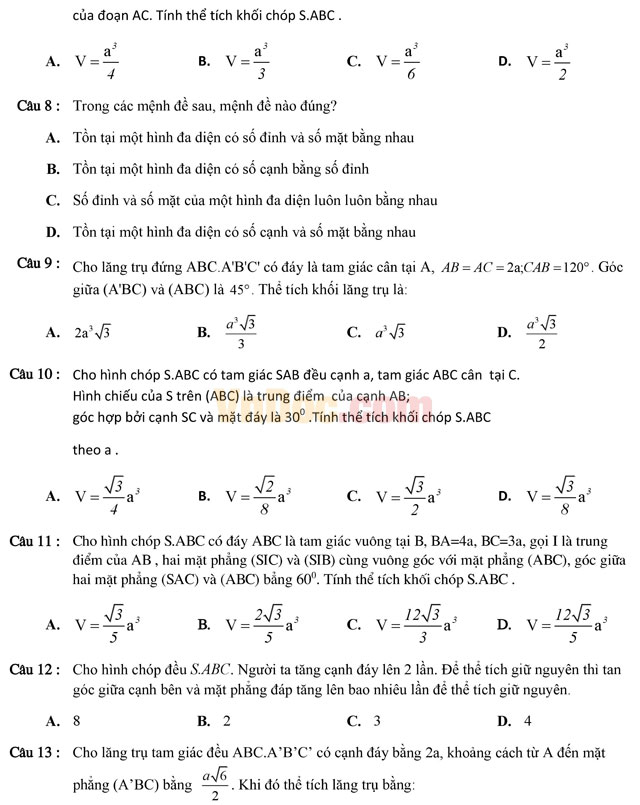 Tuyển tập 350 bài tập trắc nghiệm về chuyên đề thể tích Tuyển tập 350 bài tập trắc nghiệm về chuyên đề thể tích