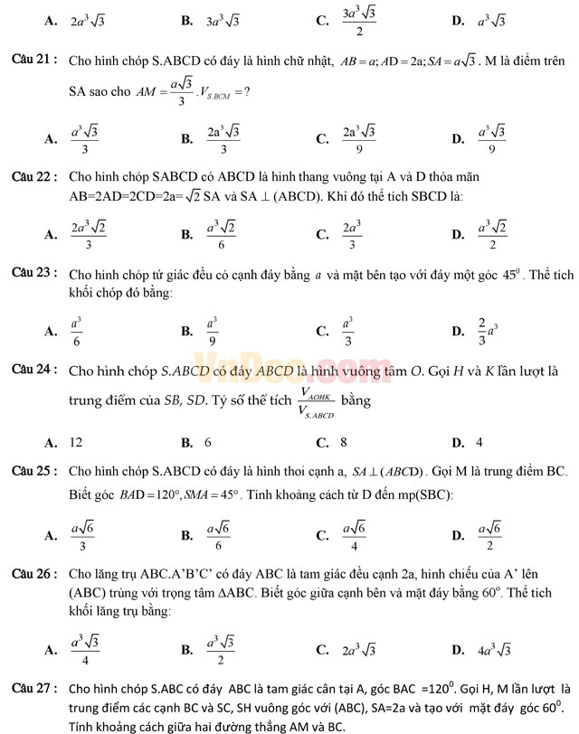 Tuyển tập 350 bài tập trắc nghiệm về chuyên đề thể tích Tuyển tập 350 bài tập trắc nghiệm về chuyên đề thể tích