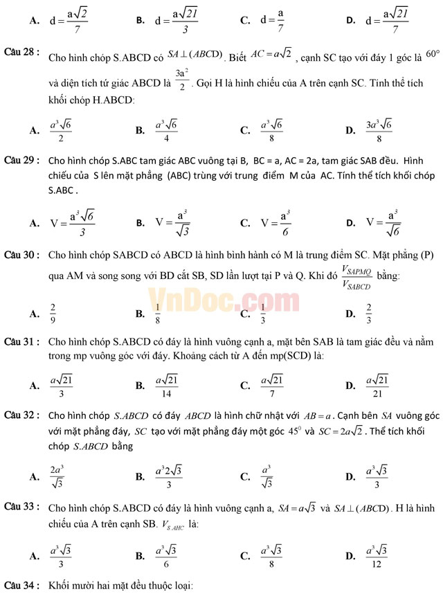 Tuyển tập 350 bài tập trắc nghiệm về chuyên đề thể tích Tuyển tập 350 bài tập trắc nghiệm về chuyên đề thể tích