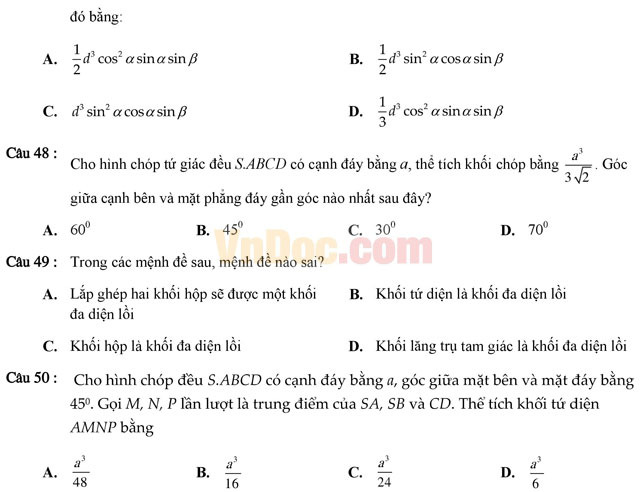 Tuyển tập 350 bài tập trắc nghiệm về chuyên đề thể tích Tuyển tập 350 bài tập trắc nghiệm về chuyên đề thể tích