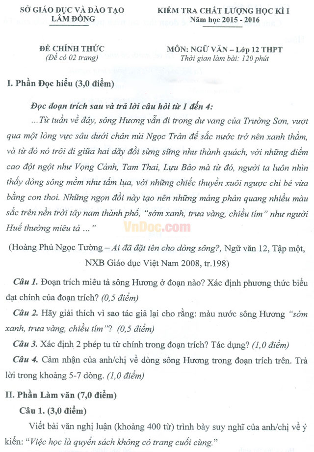 Đề thi học kì 1 môn Ngữ văn lớp 12 có đáp án