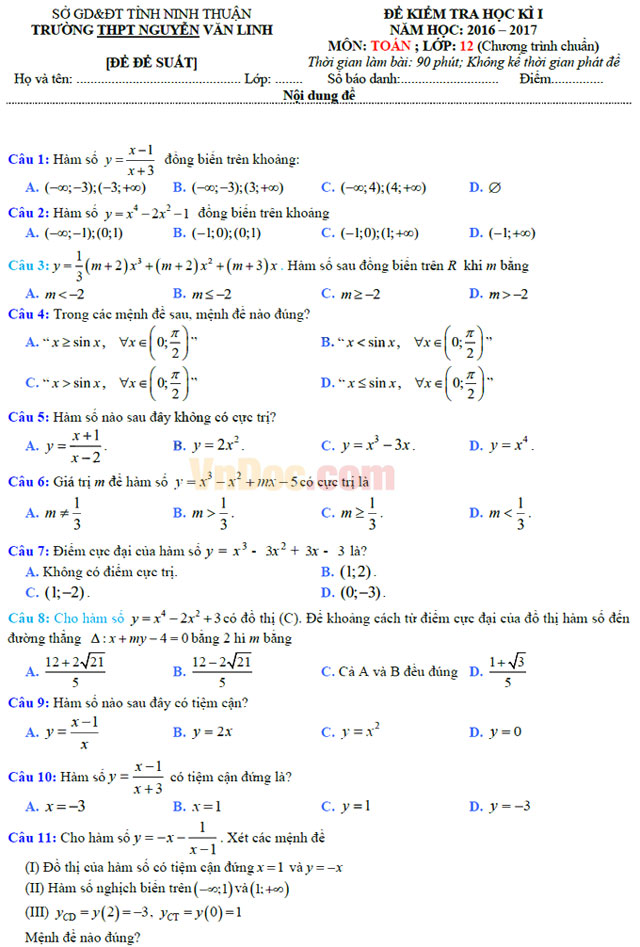 Đề thi học kì 1 môn Toán lớp 12 có đáp án
