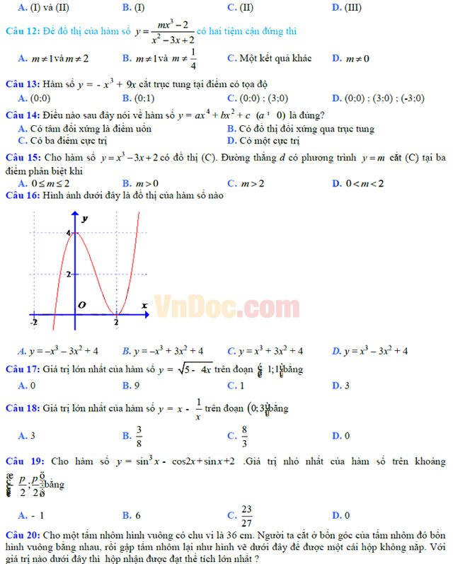 Đề thi học kì 1 môn Toán lớp 12 có đáp án