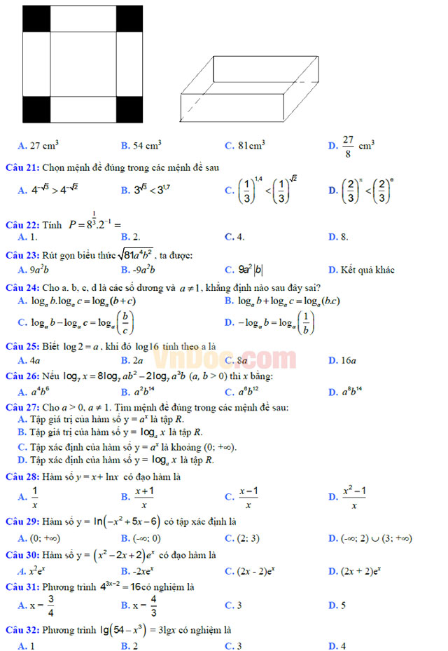 Đề thi học kì 1 môn Toán lớp 12 có đáp án