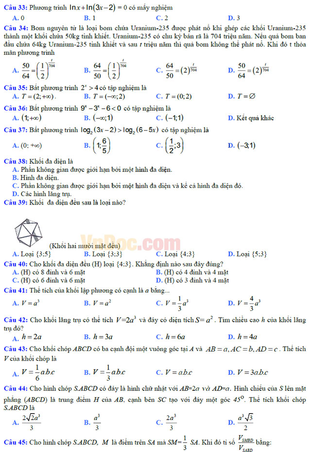 Đề thi học kì 1 môn Toán lớp 12 có đáp án