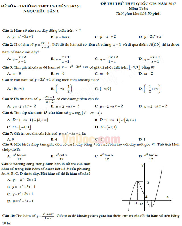 Đề thi thử THPT Quốc gia năm 2017 môn Toán trắc nghiệm có đáp án