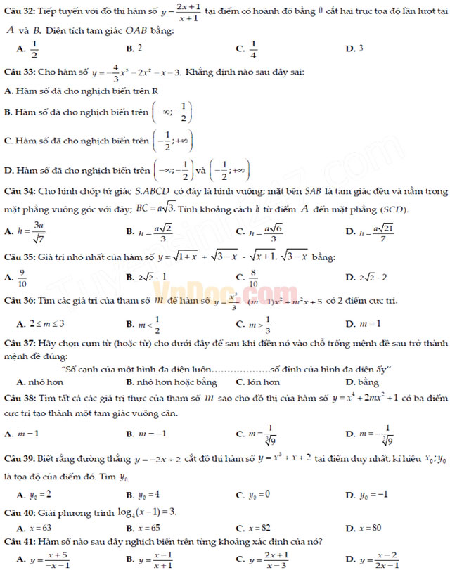 Đề thi thử THPT Quốc gia năm 2017 môn Toán trắc nghiệm có đáp án
