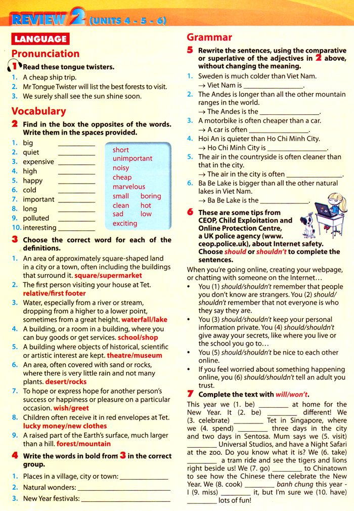 Review Unit 4, 5, 6 Tiếng Anh lớp 6 Bài tập Tiếng Anh lớp 6 Chương trình mới Unit 4, 5, 6