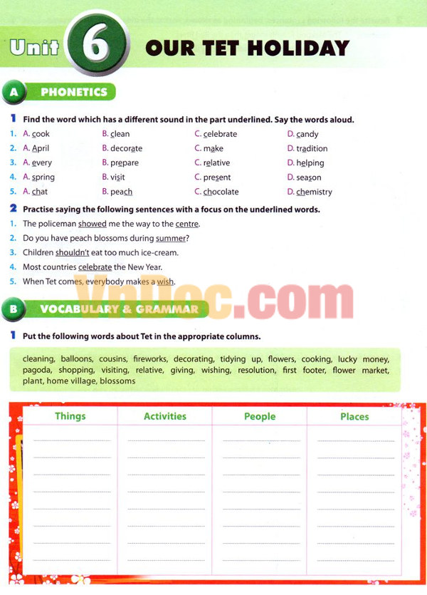 Bài tập Tiếng Anh lớp 6 Chương trình mới Unit 6: OUR TET HOLIDAY