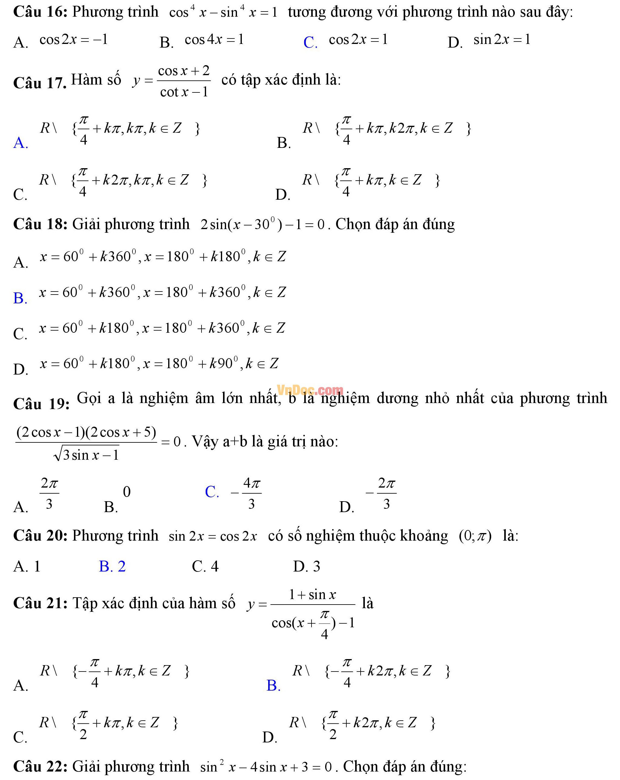 Đề kiểm tra 1 tiết hk1 môn toán lượng giác lớp 11