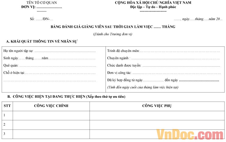 Mẫu bảng đánh giá quá trình tập sự của Giáo viên, Giảng viên