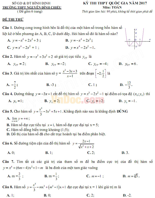 Đề thi thử THPT Quốc gia năm 2017 môn Toán trắc nghiệm có đáp án