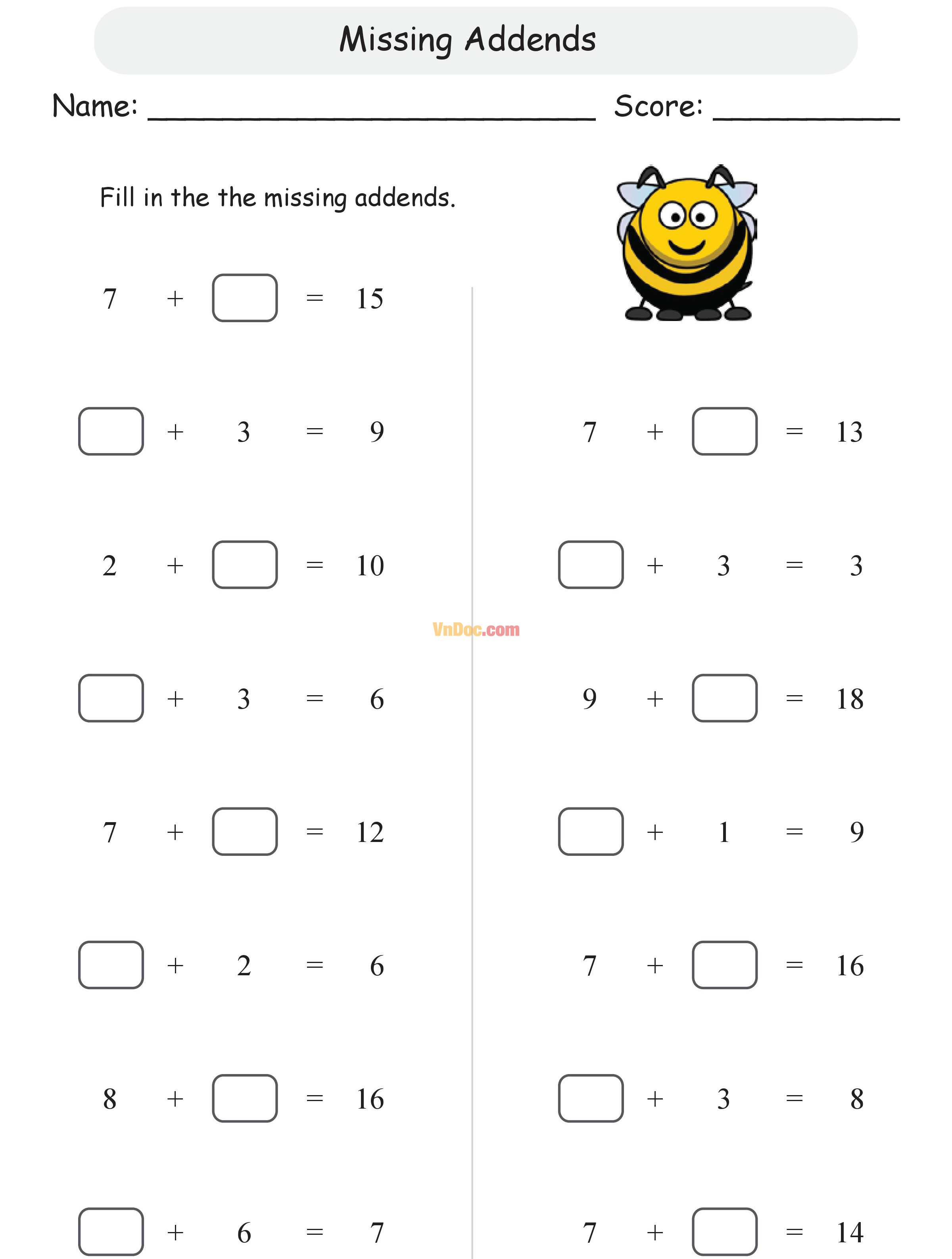 Missing Addends Học Toán Tiếng Anh lớp 1 bài 7