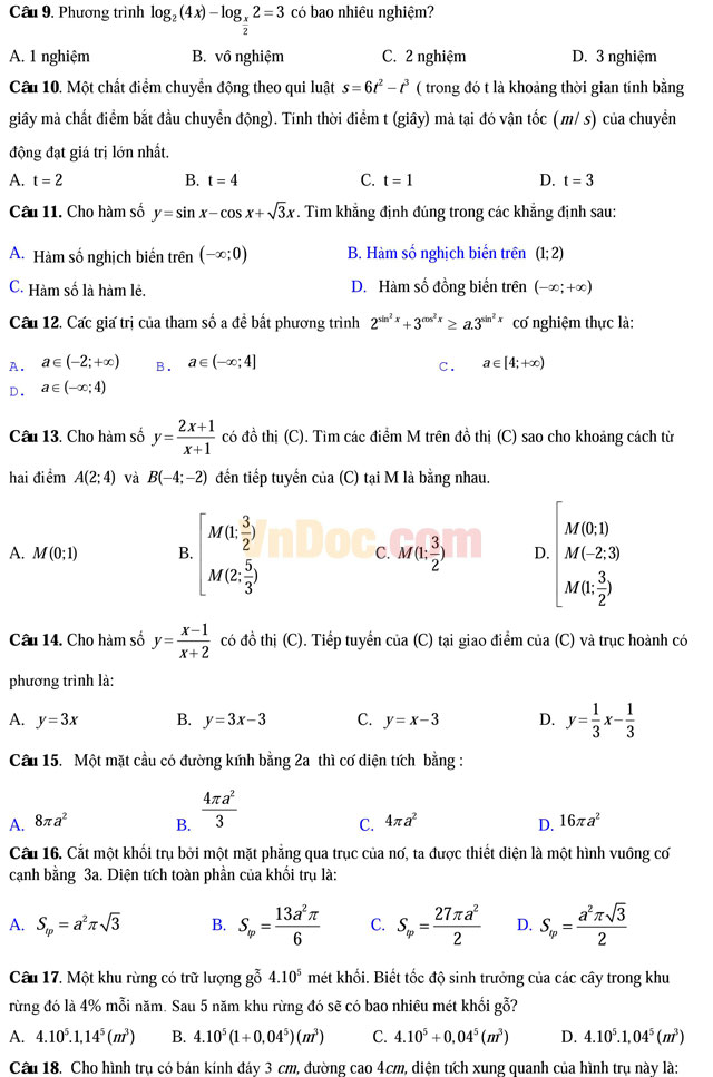 Đề thi thử THPT Quốc gia năm 2017 môn Toán trắc nghiệm có đáp án