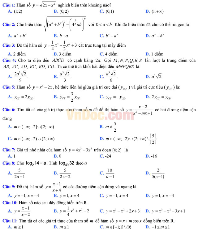 Đề thi thử THPT Quốc gia năm 2017 môn Toán trắc nghiệm có đáp án