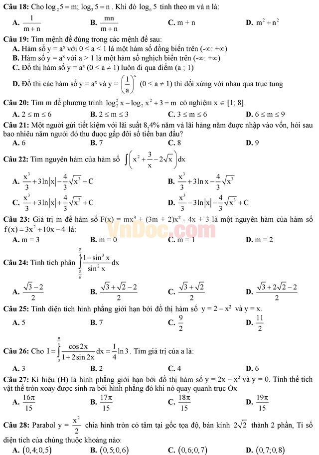 Đề thi thử THPT Quốc gia năm 2017 môn Toán trắc nghiệm trường THPT Cái Bè, Tiền Giang Đề thi thử THPT Quốc gia năm 2017 môn Toán trắc nghiệm có đáp án