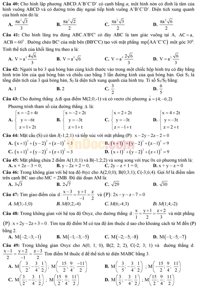 Đề thi thử THPT Quốc gia năm 2017 môn Toán trắc nghiệm trường THPT Cái Bè, Tiền Giang Đề thi thử THPT Quốc gia năm 2017 môn Toán trắc nghiệm có đáp án