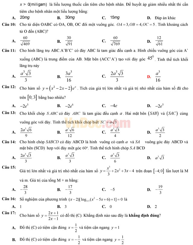 Đề thi thử THPT Quốc gia năm 2017 môn Toán trắc nghiệm