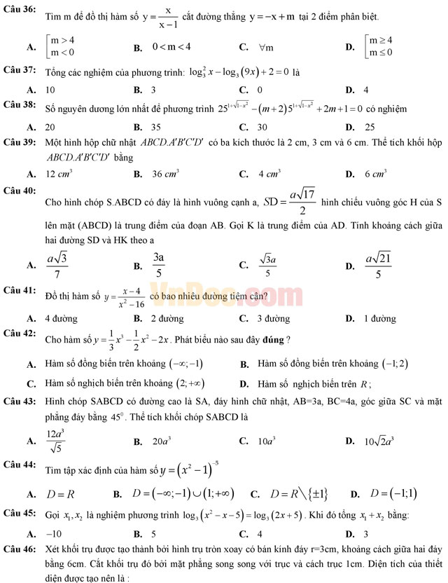 Đề thi thử THPT Quốc gia năm 2017 môn Toán trắc nghiệm