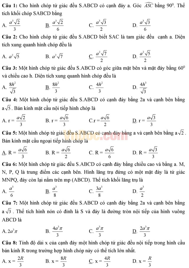 Bài tập trắc nghiệm về hình chóp tứ giác đều (Có đáp án)
