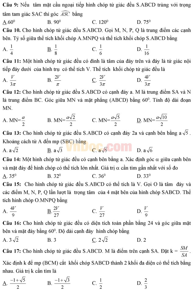 Bài tập trắc nghiệm về hình chóp tứ giác đều (Có đáp án)