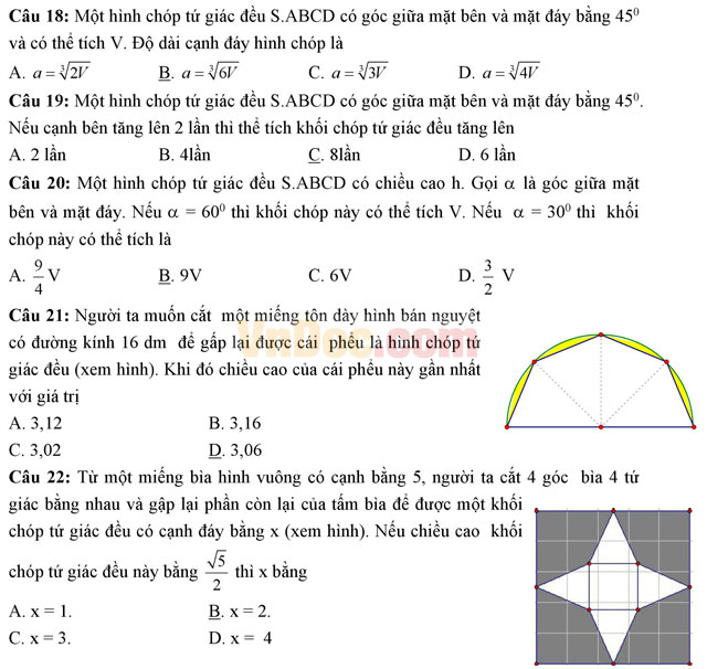 Bài tập trắc nghiệm về hình chóp tứ giác đều (Có đáp án)