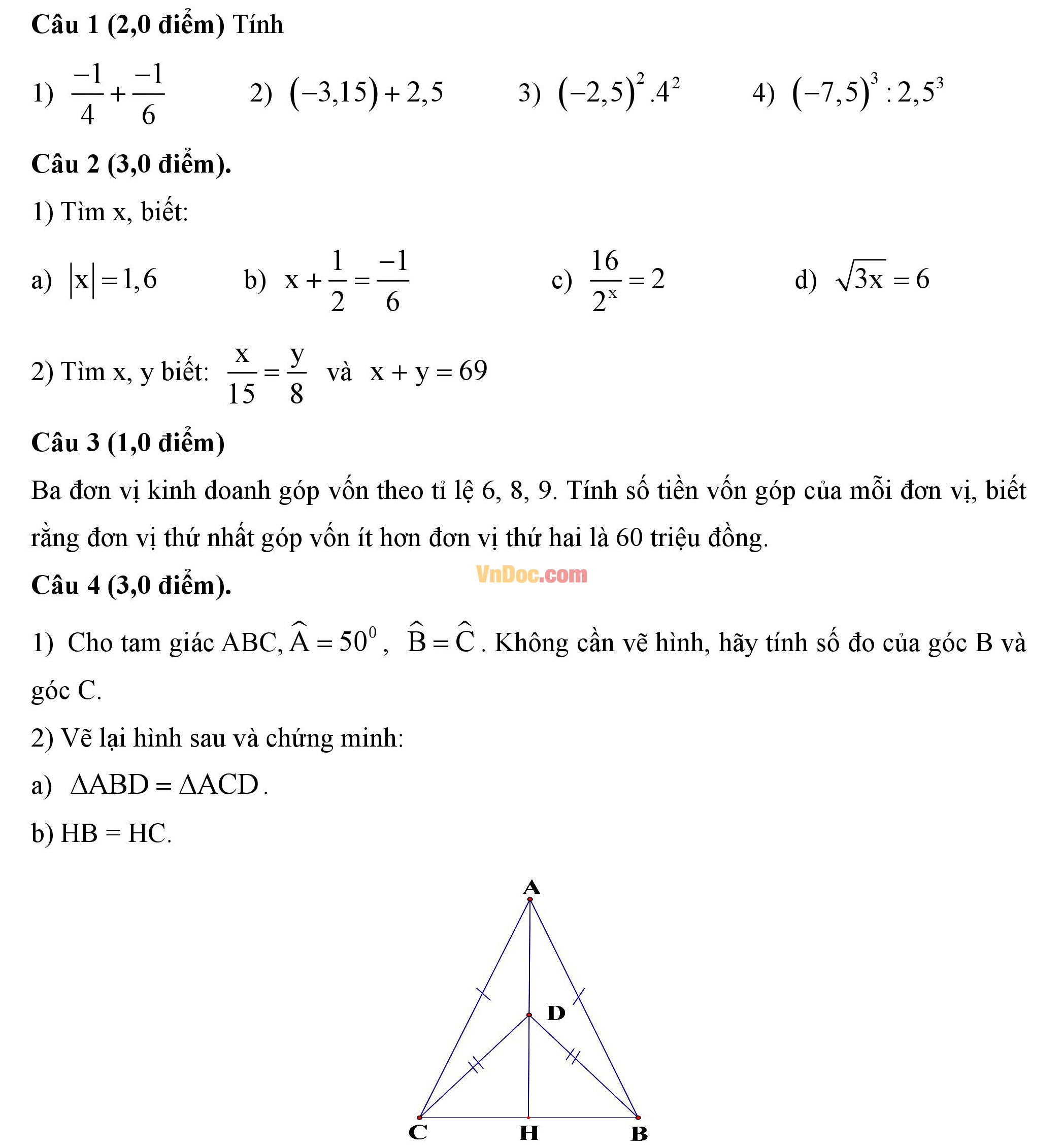 Đề thi hk1 môn Toán lớp 7