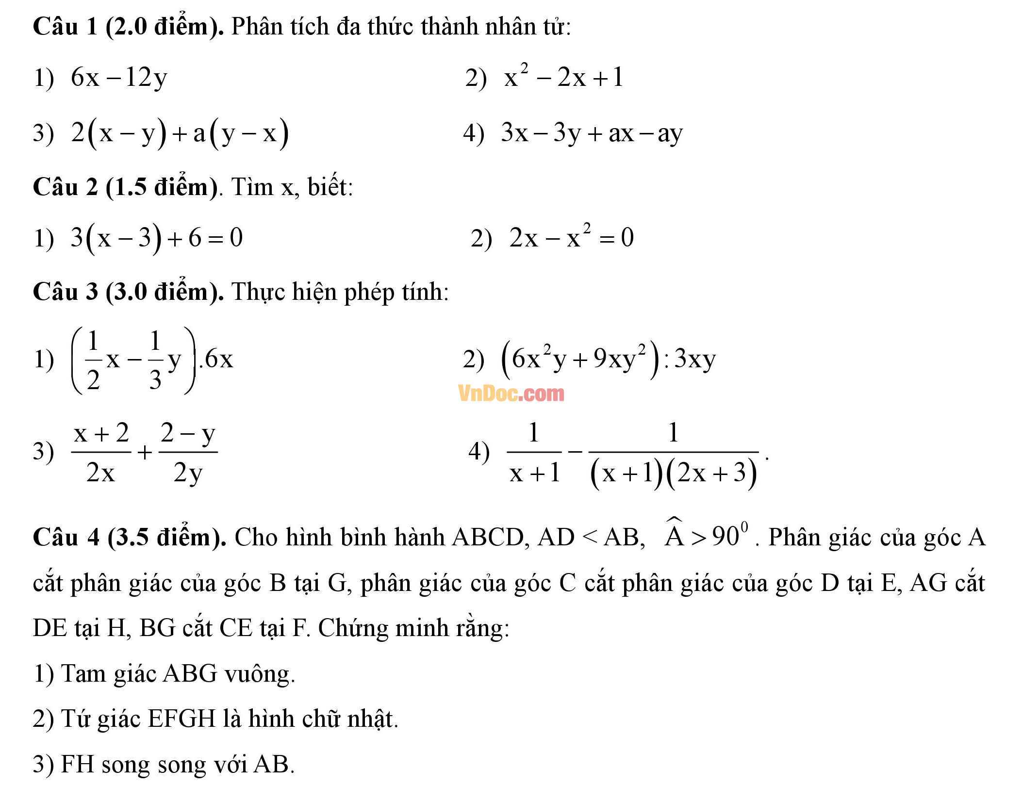 Đề thi hk1 môn Toán lớp 8