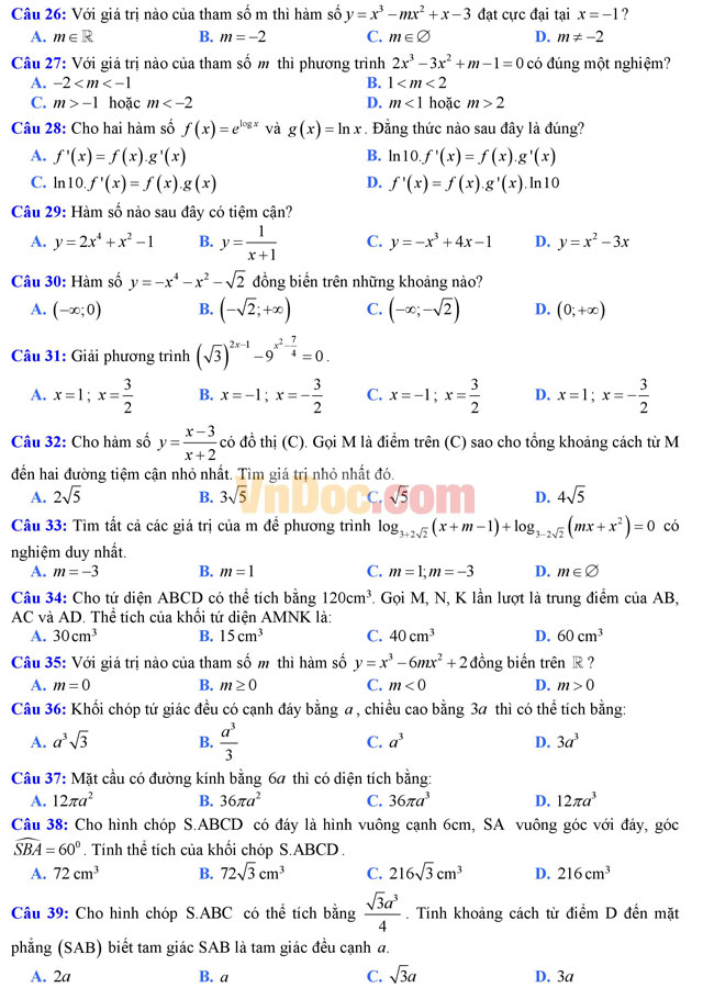 Đề thi thử học kì 1 môn Toán lớp 12