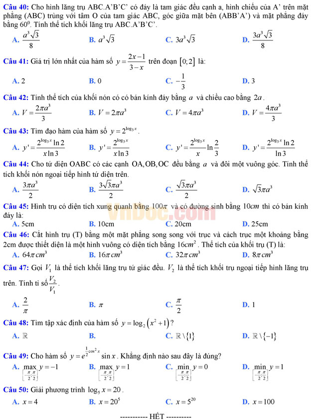 Đề thi thử học kì 1 môn Toán lớp 12