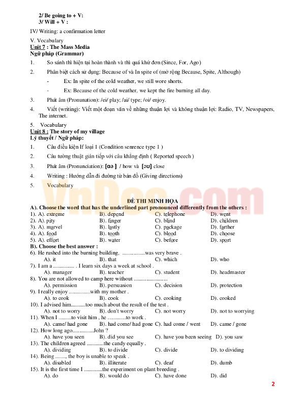 Đề cương ôn tập học kì I năm học 2016-2017 môn Tiếng anh