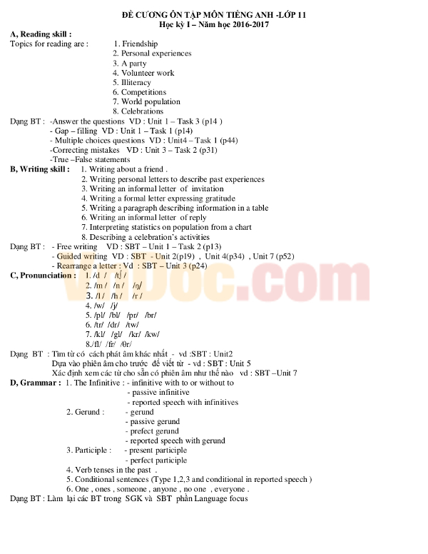 Đề ôn tập học kì 1 môn Tiếng anh lớp 11 có đáp án