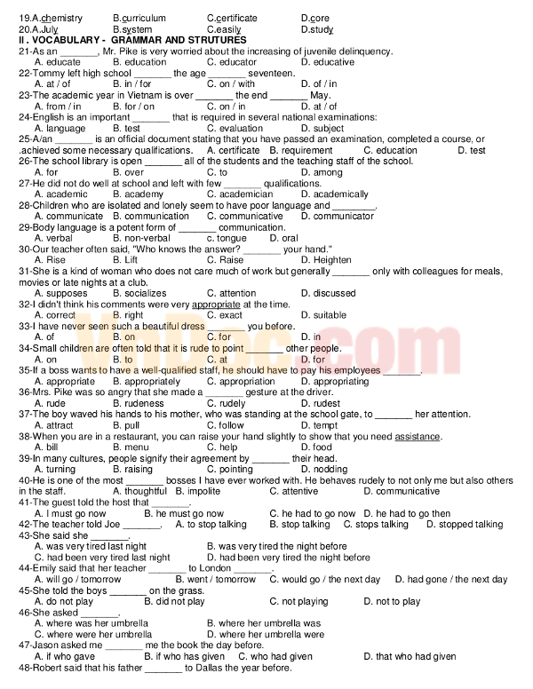 25 đề thi học kì 1 môn Tiếng Anh lớp 12 có đáp án