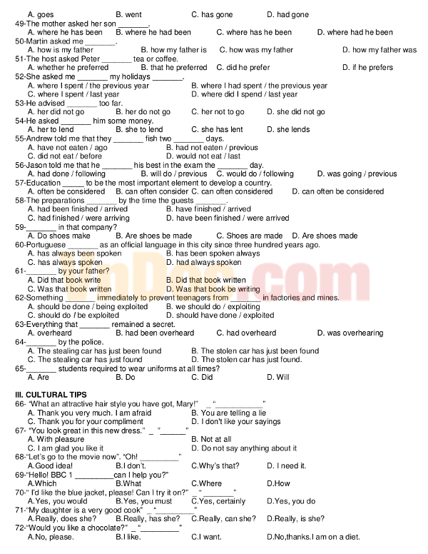 Đề cương ôn thi đại học môn Tiếng Anh