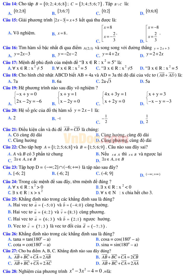 Đề thi học kì 1 môn Toán lớp 10 trường THPT Tiến Thịnh, Hà Nội năm học 2016 - 2017 Đề thi học kì 1 môn Toán lớp 10