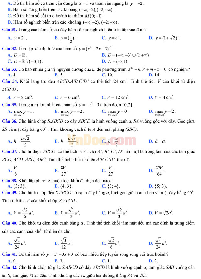 Đề thi thử THPT Quốc gia năm 2017 môn Toán trắc nghiệm trường THPT Hà Trung, Thanh Hóa (Lần 1) Đề thi thử THPT Quốc gia năm 2017 môn Toán trắc nghiệm có đáp án